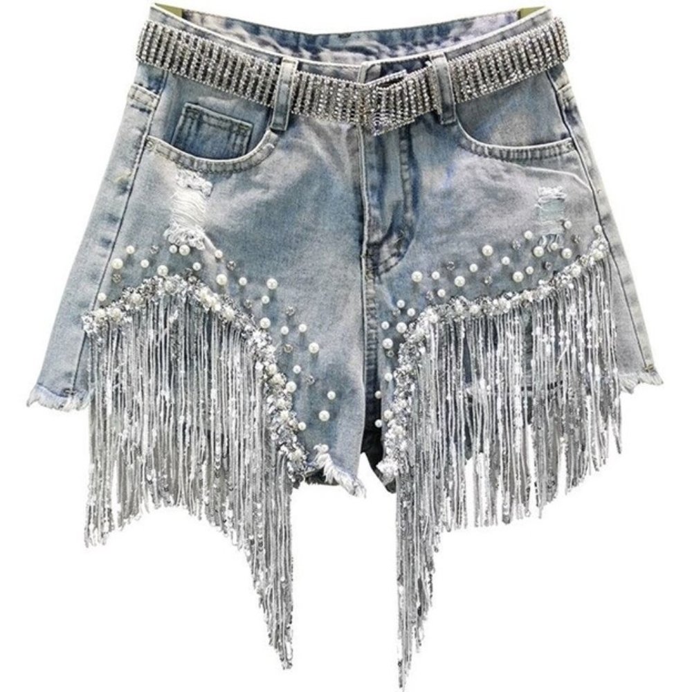 NEW- High Waist Slimming Heavy Beaded Sequin Fringed Ripped Jean Shorts